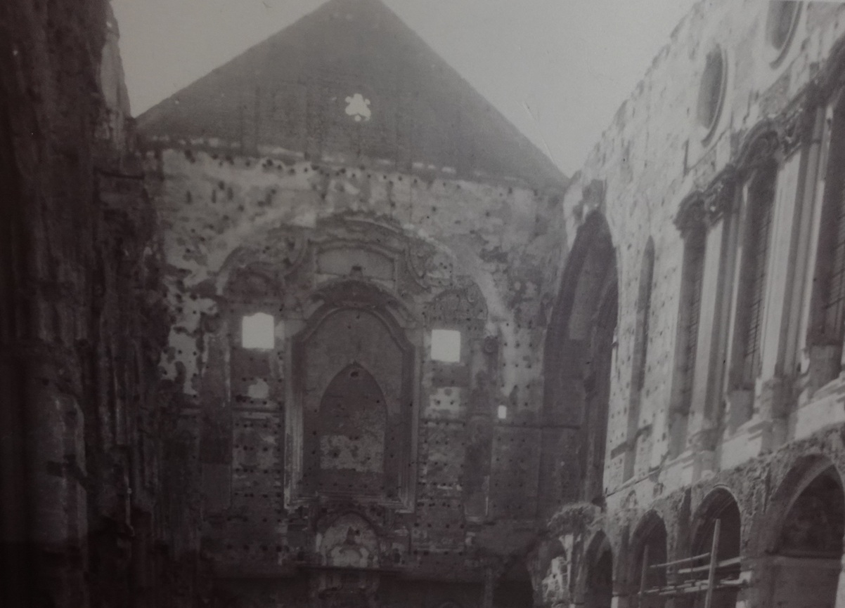 A photo of the church interior after the bombing of WW2.