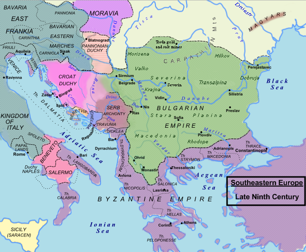 Map of the First Bulgarian Empire, 9th Century (Wikipedia)